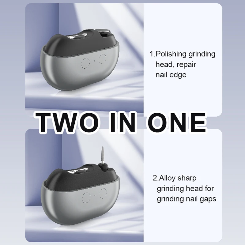 Mini 2in1 Electric Nails Cutter Trimmer Polisher Auto LED Light Nail Dust Collector Portable Rechargeable Automatic Nail Clipper