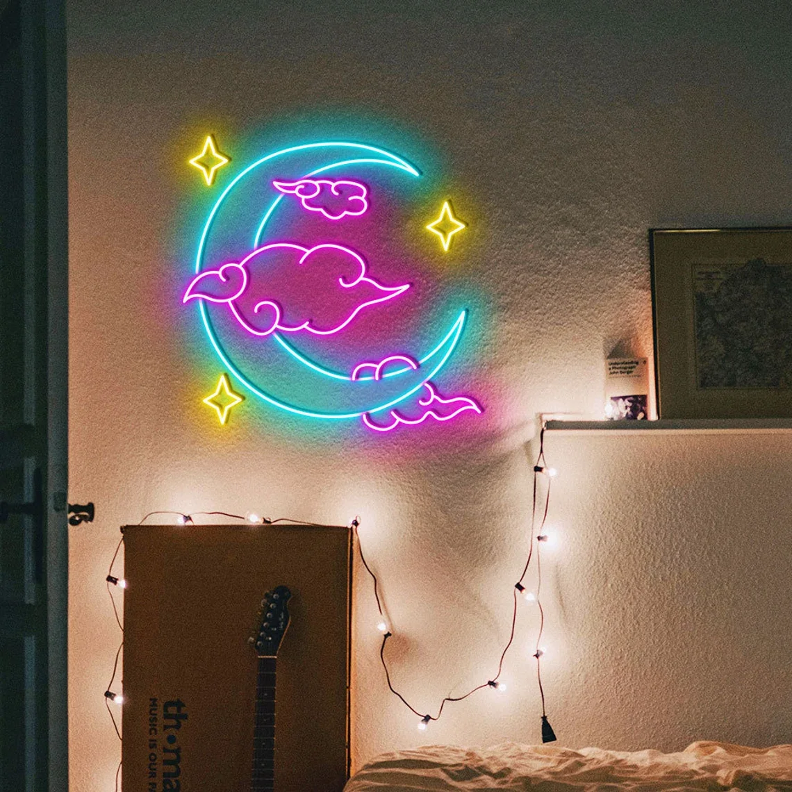 Moon Stars Neon Sign Moon Wall Art Neon Led Sign Cloudy Star Hanging Led Neon Light Bedroom Bar Decor Gifts