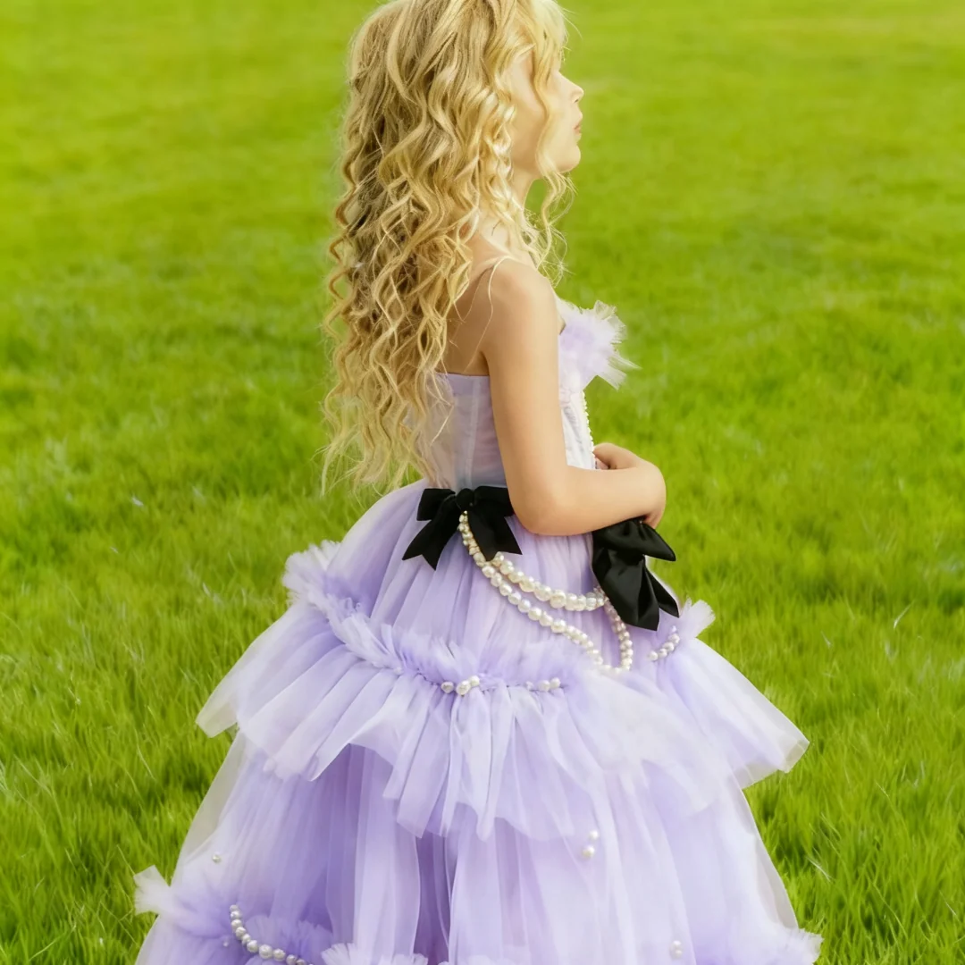 Custom Flower Girl Dress Fluffy Beaded Tulle Skirt with Bow for Wedding Children's Birthday Parties First Communion Girls Outfit