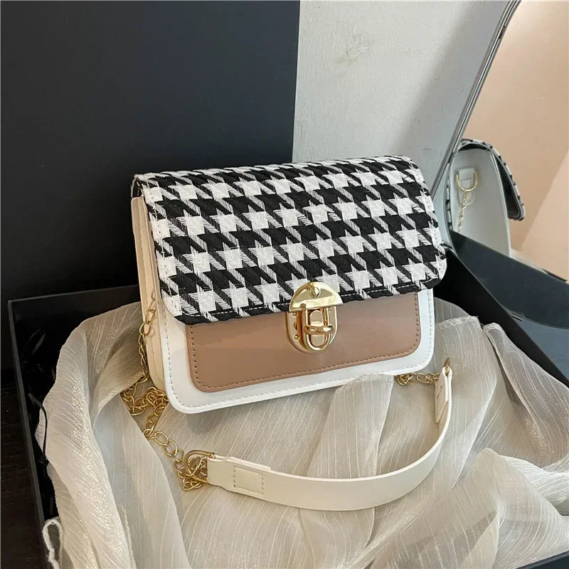 Light luxury niche design contrasting color women small square bag summer fashion thousand bird grid chain women's bag