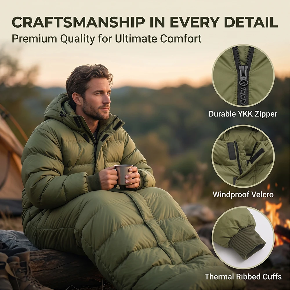 Kamperbox Tragbarer Hybrid-Schlafsack mit Ärmeln, Daunen- und Synthetikfüllung, tragbarer, warmer, isolierter Schlafsack für Camping.