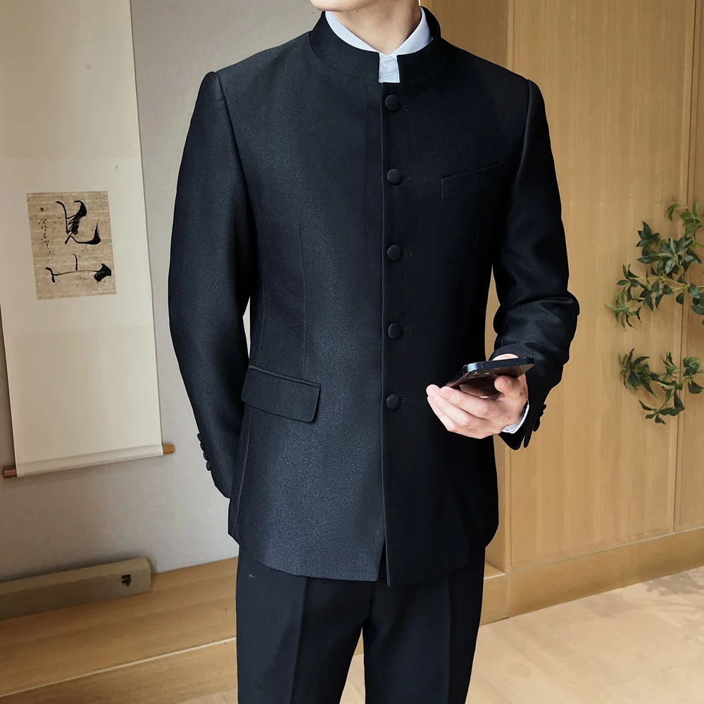 Men Chinese Style Slim Fit Stand Collar Wedding Groom Wear Party Ceremony Tuxedo 2 Pieces Suits Sets Jacket Pant Costume