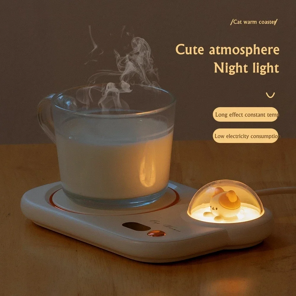 Lovely Cat 3 Gear Temperature 8 Hours Auto-off Coffee Milk Water Mug Warmer Heating Cup Coaster Mat with Night Light Cup Heater