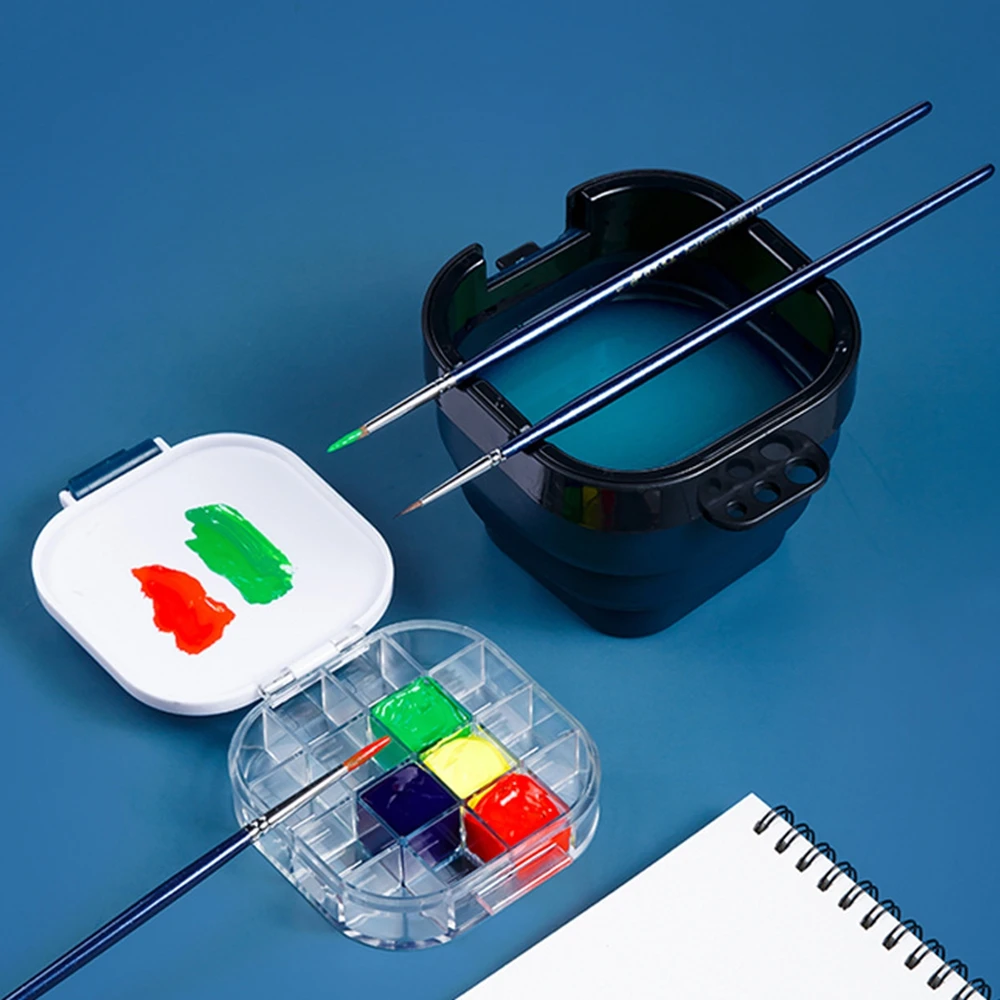 Folding Mini Paint Bucket Blue Red Retractable Brush Bucket for Washing Painting Brush Watercolor Drawing Tools Model Kit