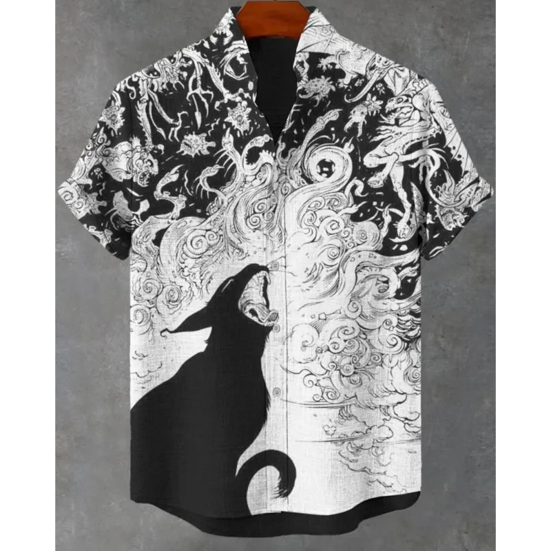 Men's New Retro Linen Short Sleeved Shirt With Giant Monster Pattern Printed Casual And Comfortable Button Top