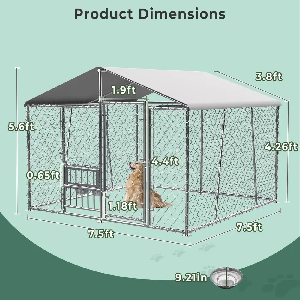 Rumah anjing luar ruangan dengan atap dan mangkuk, pagar rumah anjing besar dengan rel samping, rumah anjing rantai tugas berat dengan pintu makan terbuka