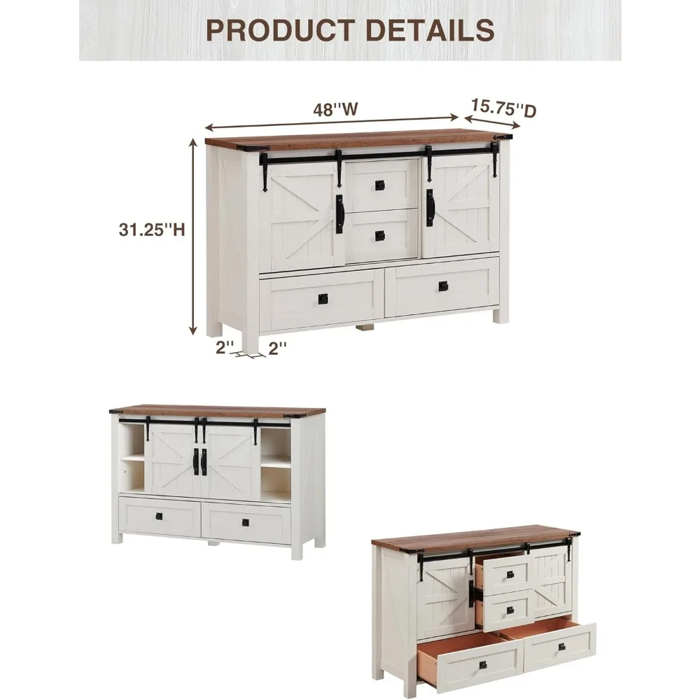 خزانة ذات 4 أدراج على طراز المزرعة الريفية مع أبواب حظيرة منزلقة، وخزانة ذات أدراج واسعة لغرفة النوم و48 حامل تلفزيون