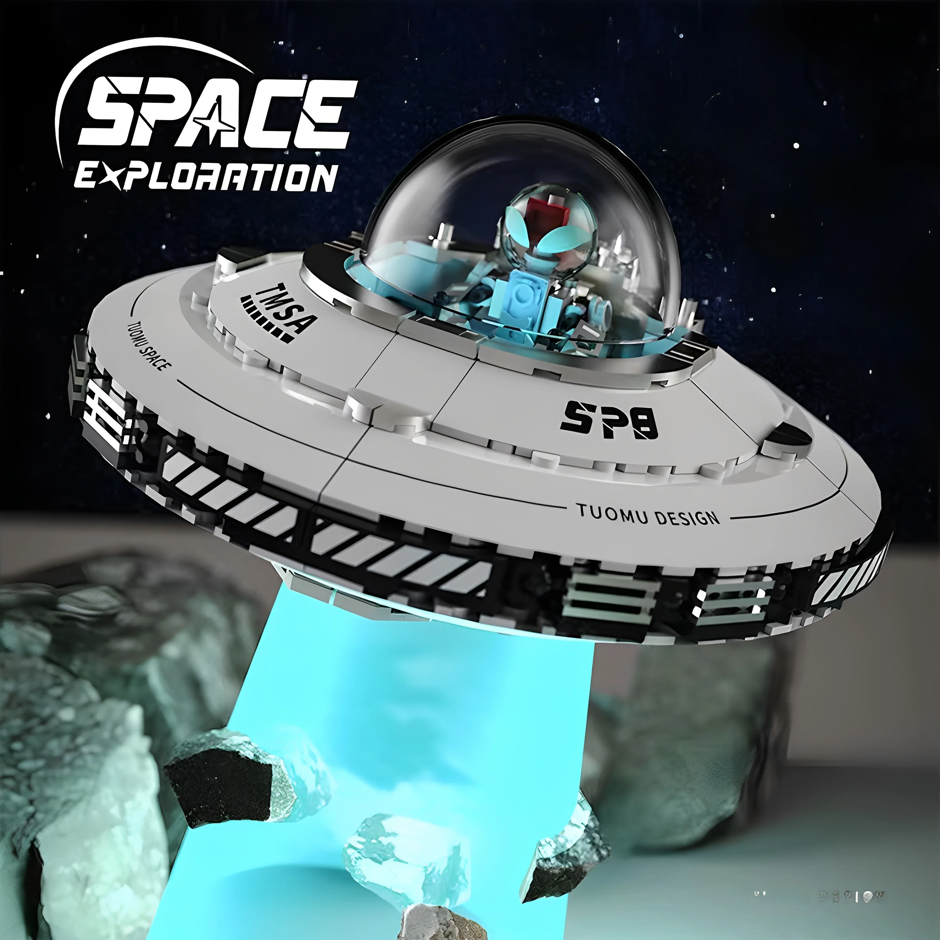 Hot selling luminous UFO flying saucer building block set with base and nameplate, science fiction fan collection model