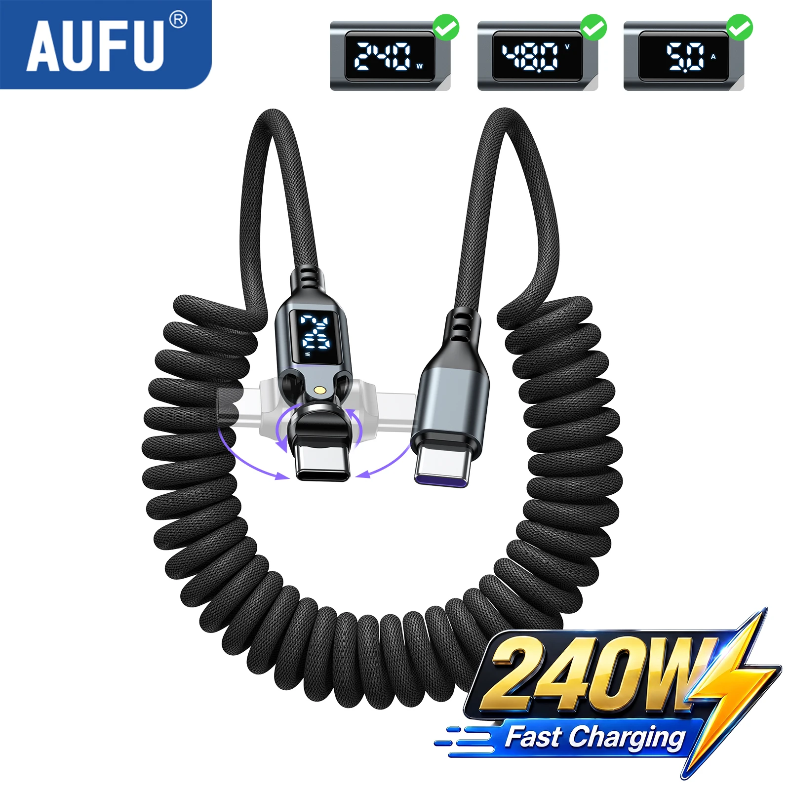 AUFU 240W Type C to Type C Cable Display Fast Charging USB-C to USB-C Spring Type-C Cable For IPhone 17 Xiaomi Macbook iPad