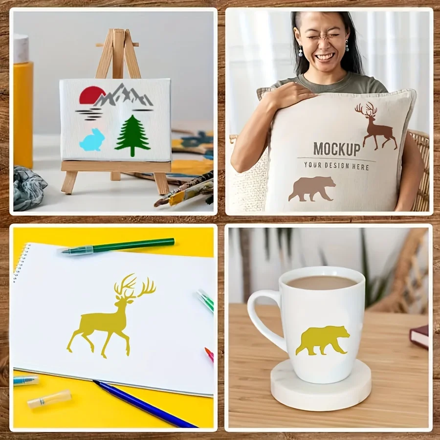 65PCS 4x4inch 숲 동물 스텐실 그림 나무 패브릭 벽 DIY 드로잉 템플릿 세트