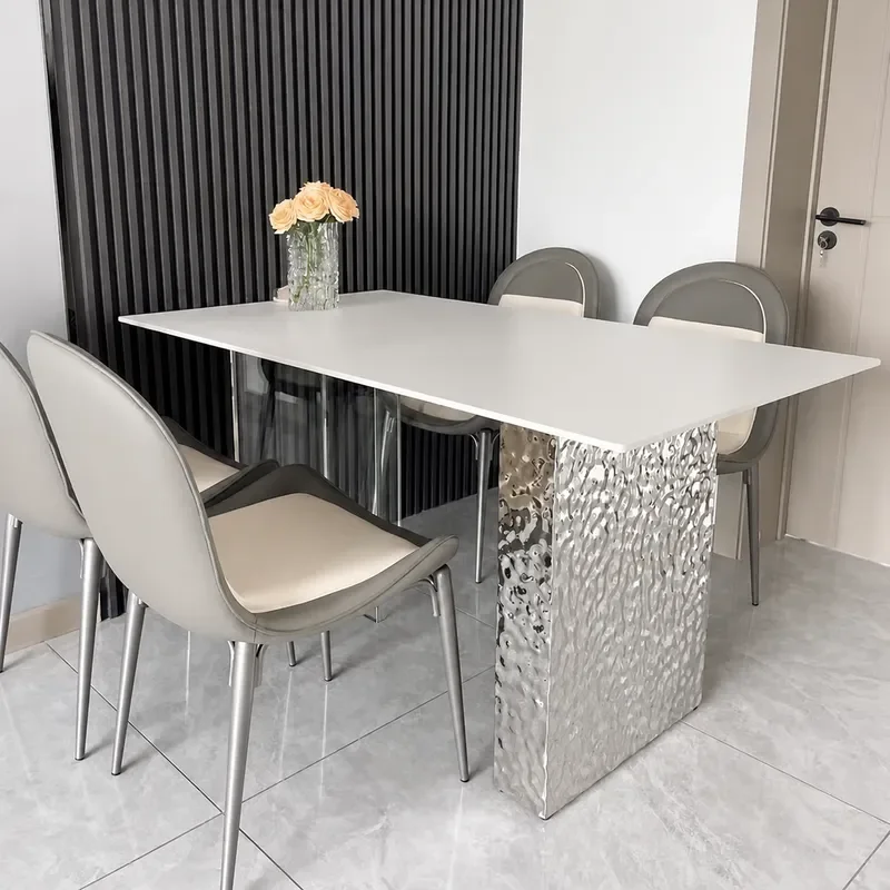 Italian Minimalist Acrylic Stainless Steel Water Ripple Suspended Rectangular Rock Slab Dining Table for Small Apartment