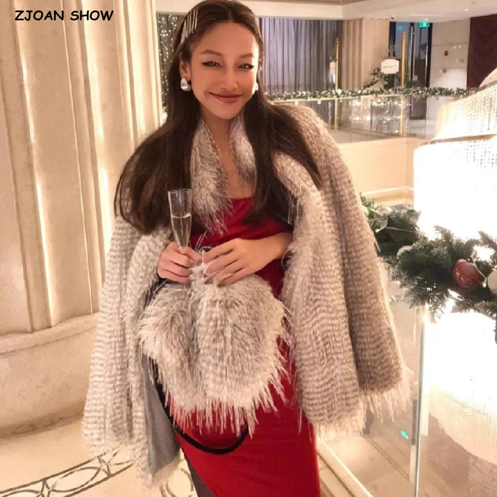 เสื้อโค้ทขนนกยูงเทียมคุณภาพสูง สีกากีไล่เฉด ยาว 3 นิ้ว ขนยาวฟูฟ่อง สไตล์วินเทจ ทรงหลวมสำหรับผู้หญิง