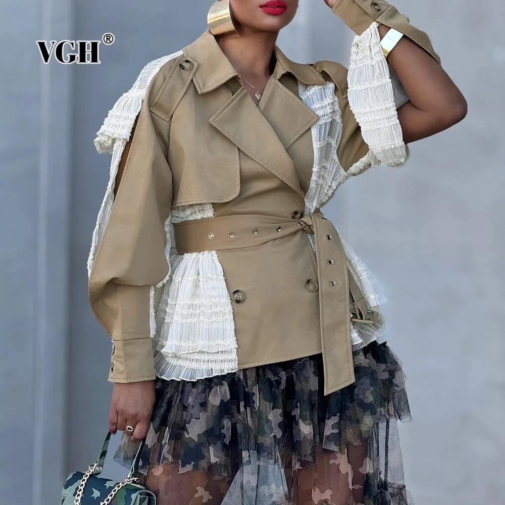 

VGH High End Spliced Lace Up Coat for Women Lapel Long Sleeve Slim Patchwork Double Breasted Short Windbreaker Female Fashion