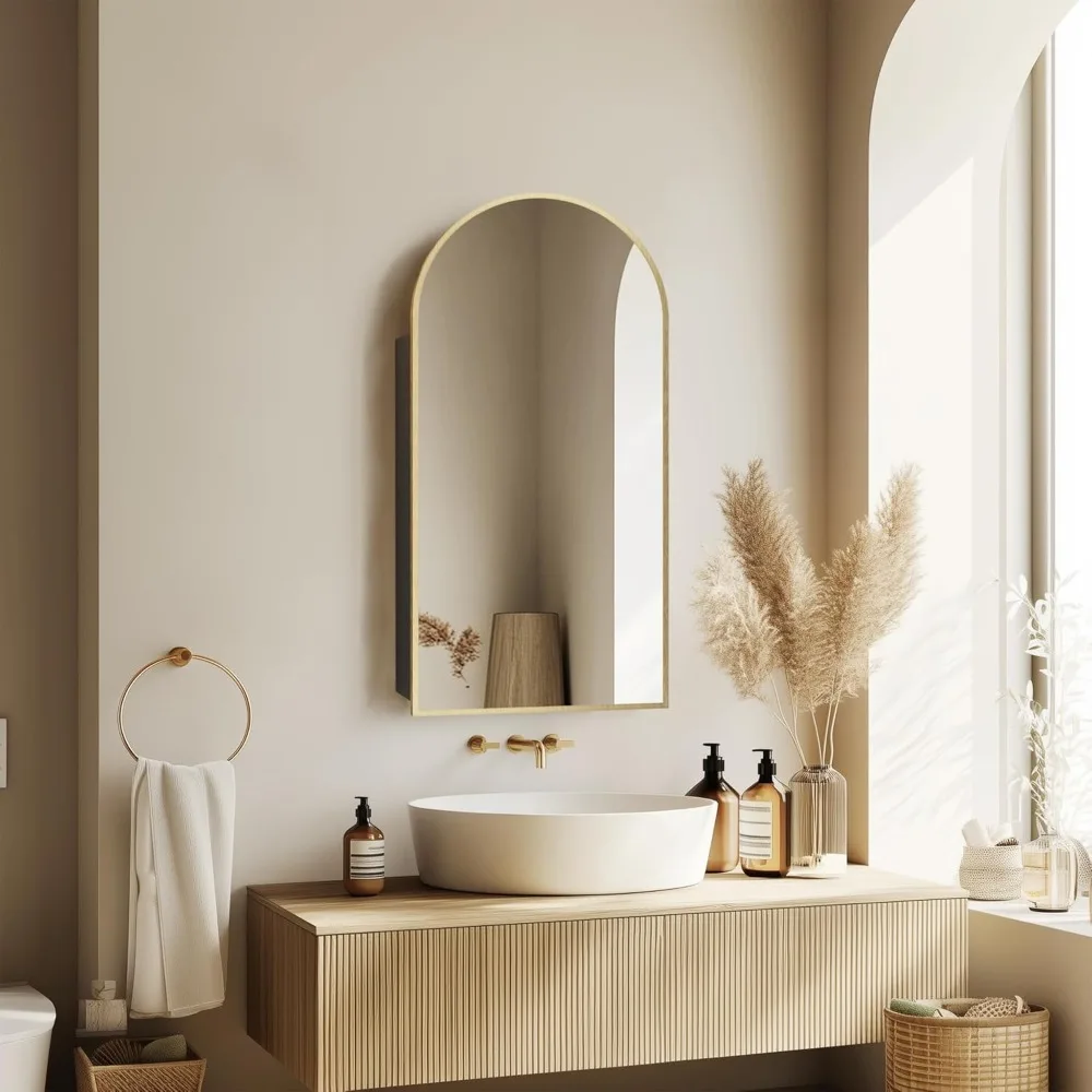 

Gold Arched Medicine Cabinet with Mirror, Bathroom Mirrors with Storage, Wall Mounted Mirrored Cabinet with Plug, Customized