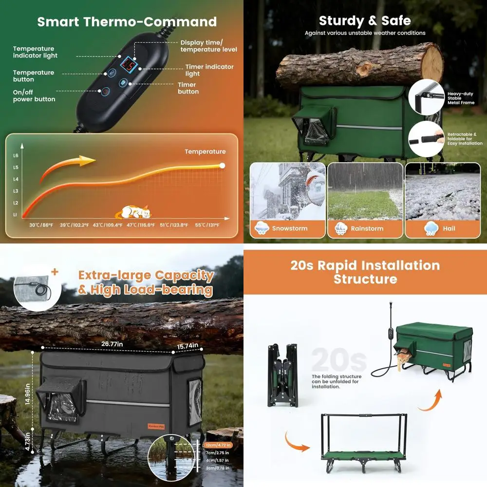 

XL 26 Collapsible Heated Cat House - Metal Frame, Insulated Waterproof Outdoor Shelter with Heating Pad, Escape Door, Adjustable