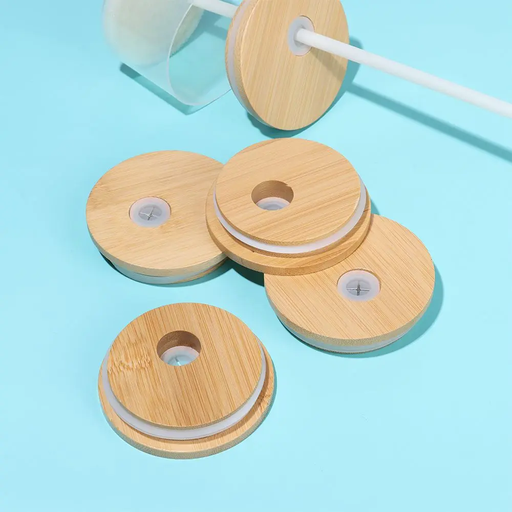 Eco Friendly Silicone Seal Ring Canning Caps Wide Mouth Cup Mason Jar Lid With Straw Hole Bamboo Wood Lids