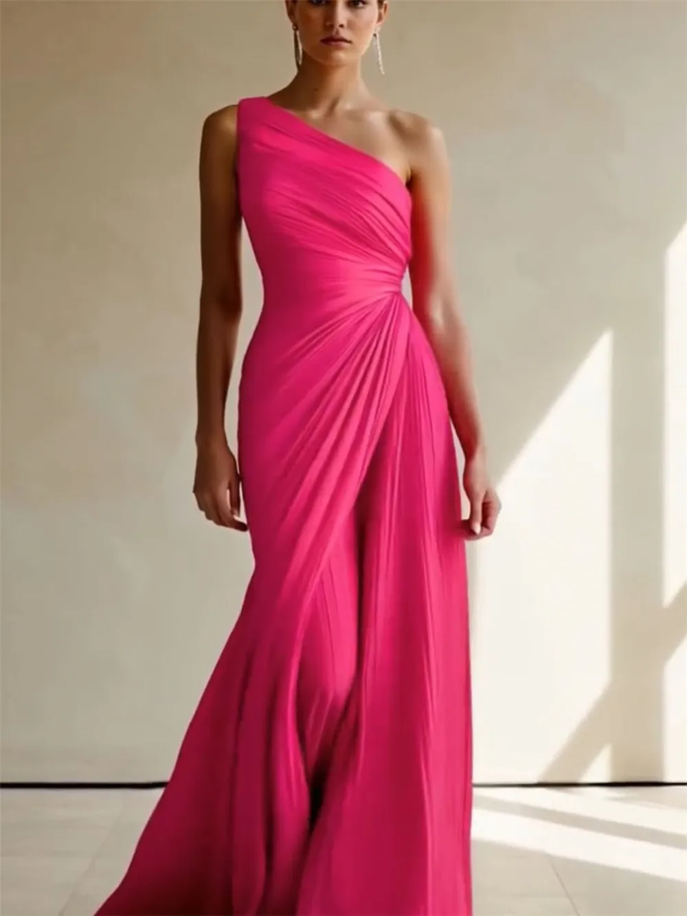 ชุดราตรีเดรสยาวทรงเข้ารูป ไหล่เดียว จีบเต็มตัว เรียบหรู ดูดี มีเสน่ห์ เหมาะสำหรับงานปาร์ตี้หรืองานพรอม ลดราคาพิเศษ