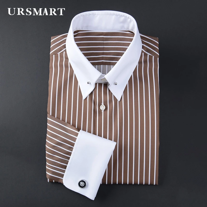 men\'s empire collar long sleeve French shirt slim-fit business trend  striped shirt men