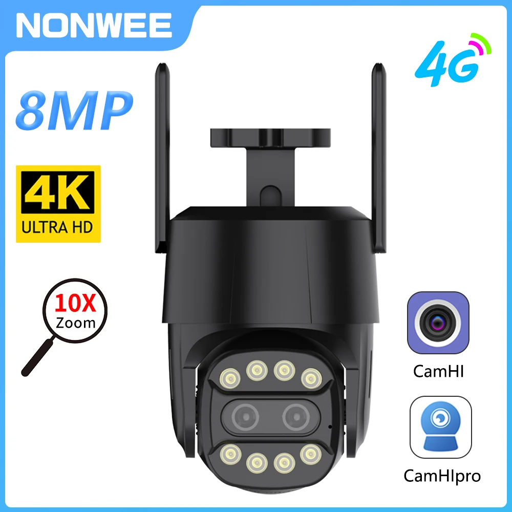 Wifi/4G Sim Card IP Camera PTZ 4K 8MP Dual Lens 3.6mm-8mm 10X Zoom Outdoor Video Surveillance Camera AI Human Tracking Camhipro