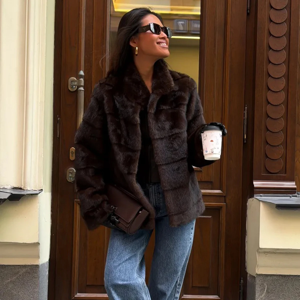 Women's Dark Brown Fluffy Faux Fur Coat Lapel Collar Cropped Paneled Winter Warm Elegant Luxe Chic Outerwear