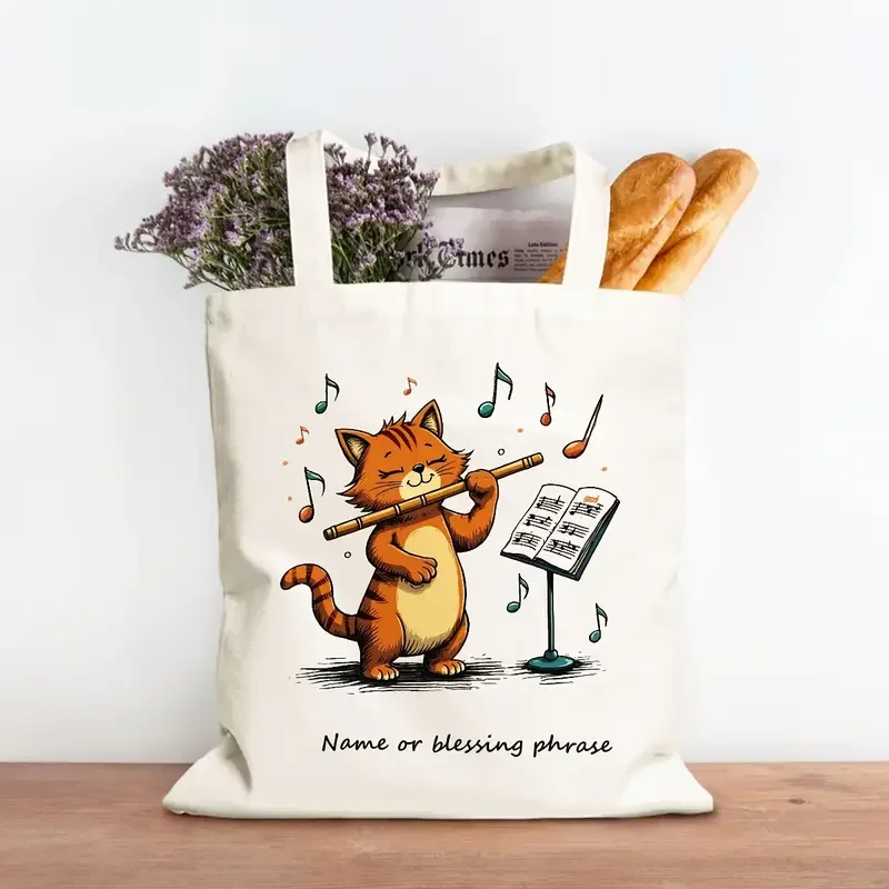

1pcs Cat Playing Music Canvas Tote Bags - Large Capacity Durable HandBag for Women Shopping Work Study Daily Use Trendy Fashion