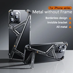 Luxury Metal Holder Phone Case For iPhone 16 13 14 15 Pro Max Plus Aluminum Alloy Frameless Irregular Removable Shockproof Cover