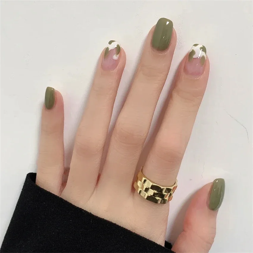 24Pcs/Set Matcha Milk Cookie Design Stick Press on Nail Art French New Wearing False Nails Removable Acrylic Fake Nails Tips