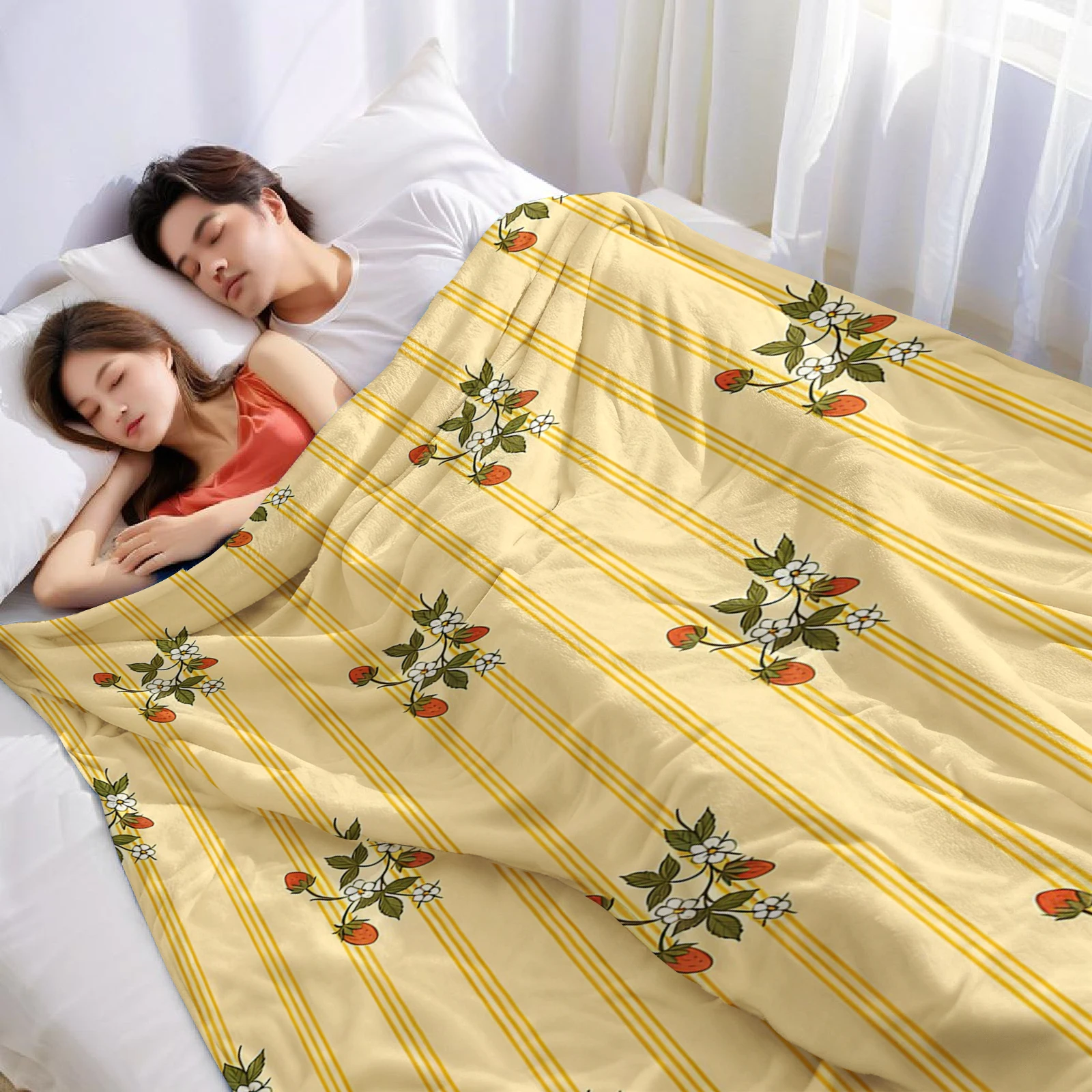 Yellow Stripe Strawberry Ultra Soft Sherpa Fleece Blanket Fluffy Warm Halloween Cozy Throw for Couch Bedroom Gift All season