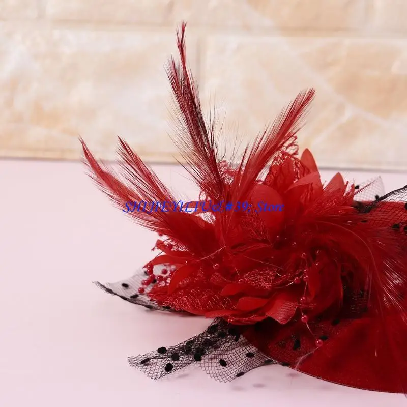 E21F Fascinators Pillbox Hat Cocktail Teas Party Headwear with Veil Pearls Beaded Decoration Hairwear for Girl