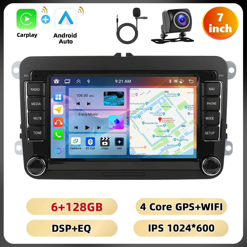 Podofo 7 ''6 + 128G Autoradio Voor VW/PASSAT/GOLF/SCIROCCO Multimedia Speler navigatie Carplay Android Auto WIFI BT RDS Auto Audio