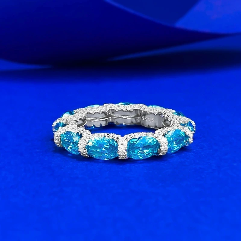 

S925 Silver Sea Blue Gemstone 4*6 Oval Pigeon Egg Ring