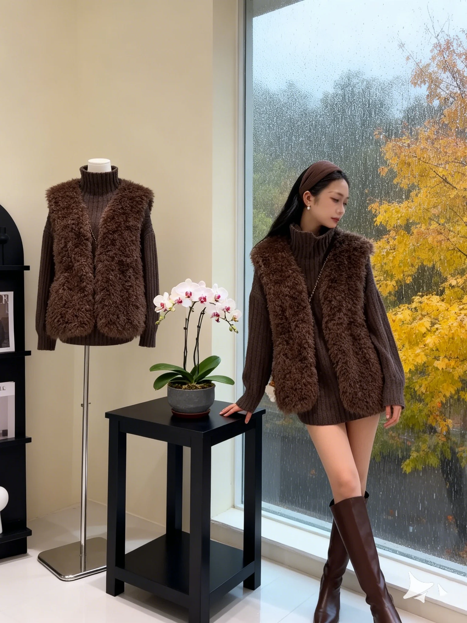 

Faionable Knitted Lamb Fur Vest And Sweater Set for Women High Waist Korean Sle Winter Warm Ensemble Two Piece Suit