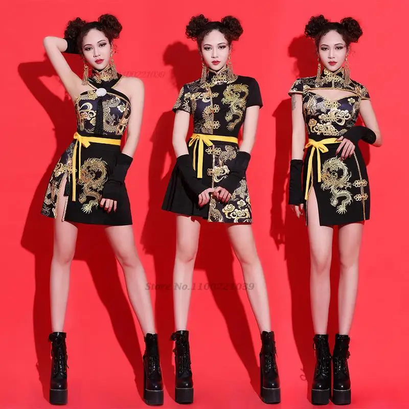 女性のための中国の国民のドラゴンプリントジャズダンスの衣装、qiPao、ヒップホップウェア、ゴコアウト、djショー服、ファッション、2024