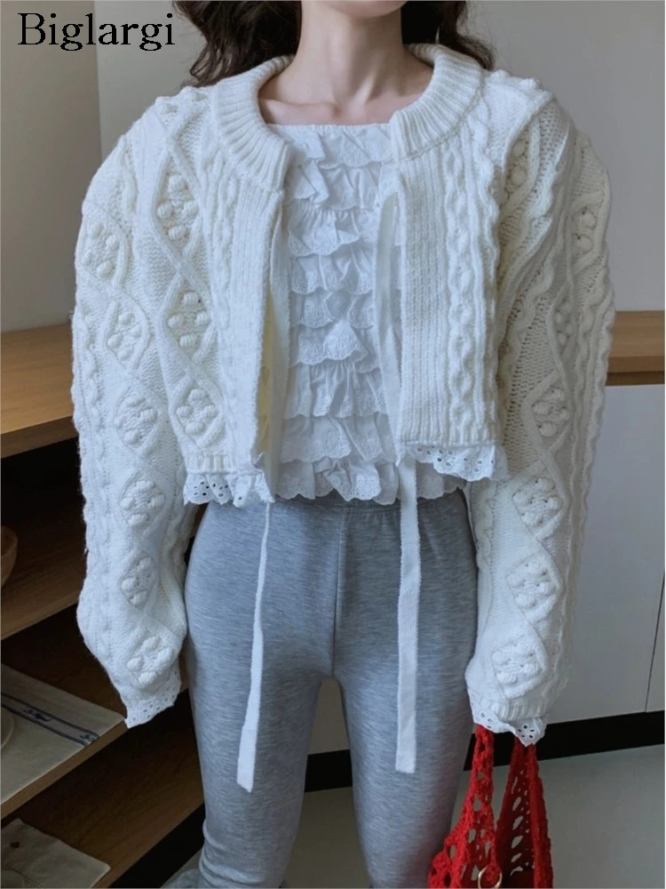 

Knitted Autumn Cardigan Women Flower Embroidery Fashion Sweet Ladies Cropped Cardigans Korean Style Loose Woman Sweater Coats