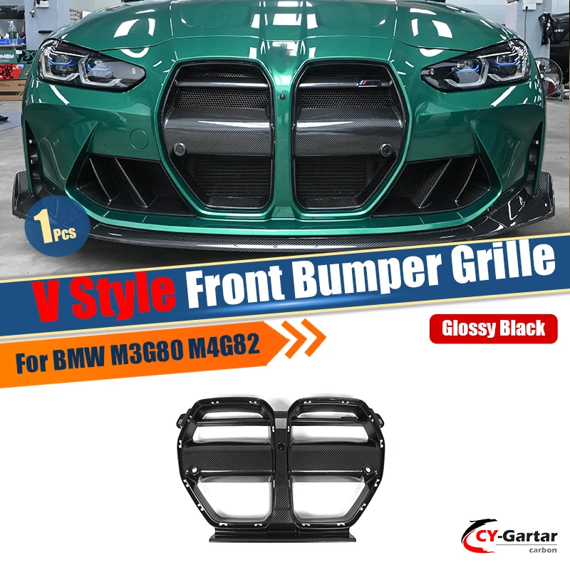 

For BMW M4 G82 M3 G80 2021+ Real Dry Carbon Fiber V Style One-Piece Front Grille Body Kit, Bumper Radiator Grille Suitable Parts