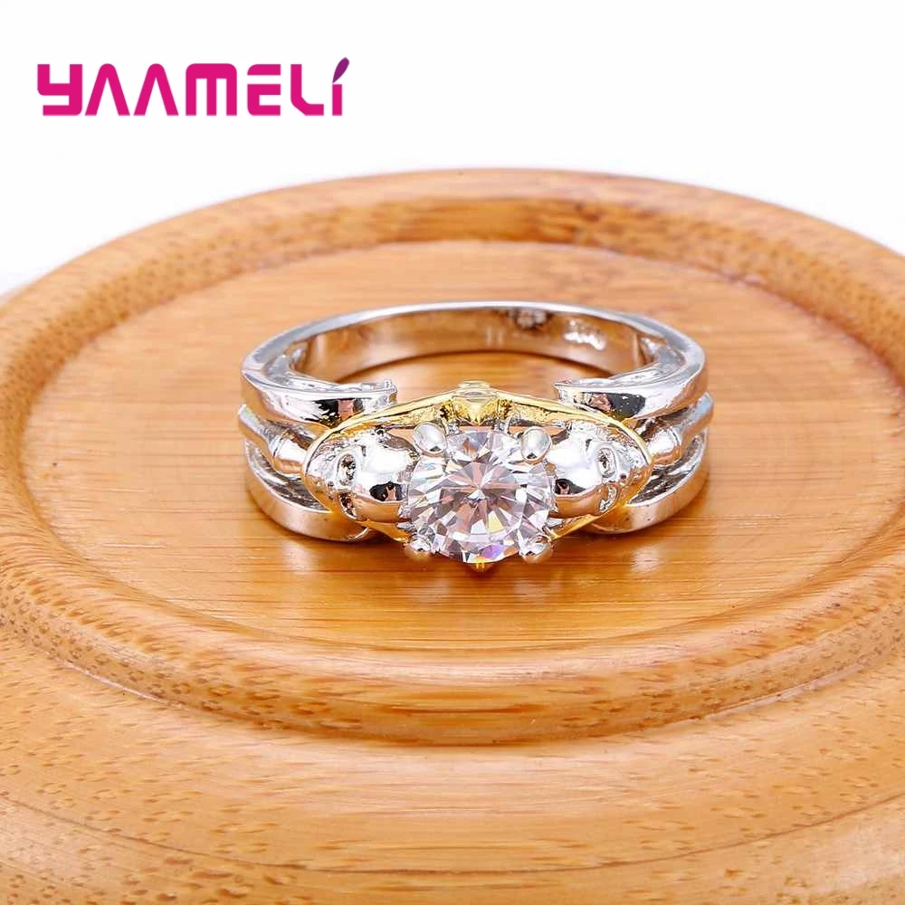 Personality Skull Round Crystal Stone Ring Engagement Bride Wedding Jewelry 925 Sterling Silver CZ For Women