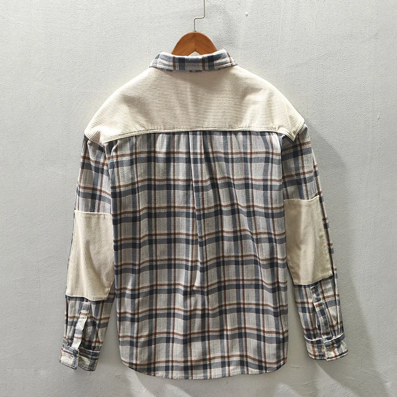 New Hip Hop Spring Autumn Men's Corduroy Polyester 100% Turn-down Collar Pocket Plaid Shirt Long Sleeve Loose Casual Men Clothes