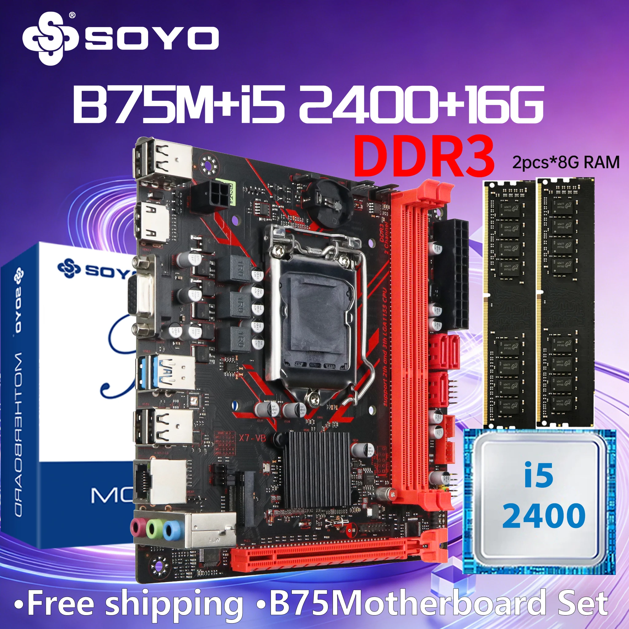 Placa base SOYO B75M DDR3 AX, I5 2400CPU, 16G RAM = 8G * 2, Kit Intel LGA1155, placa base para juegos xeon, PCIE3.0x8 M.2 SATA2.0