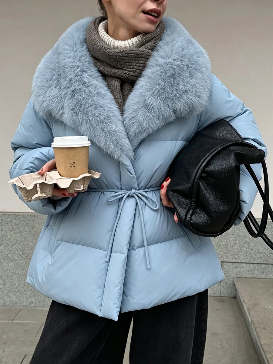 2026 Autumn Winter Women Medium Long Cotton Coat Big Furry Fur Collar Lace‑Up Belted Waist Parka Warm Thick Windproof Outerwear