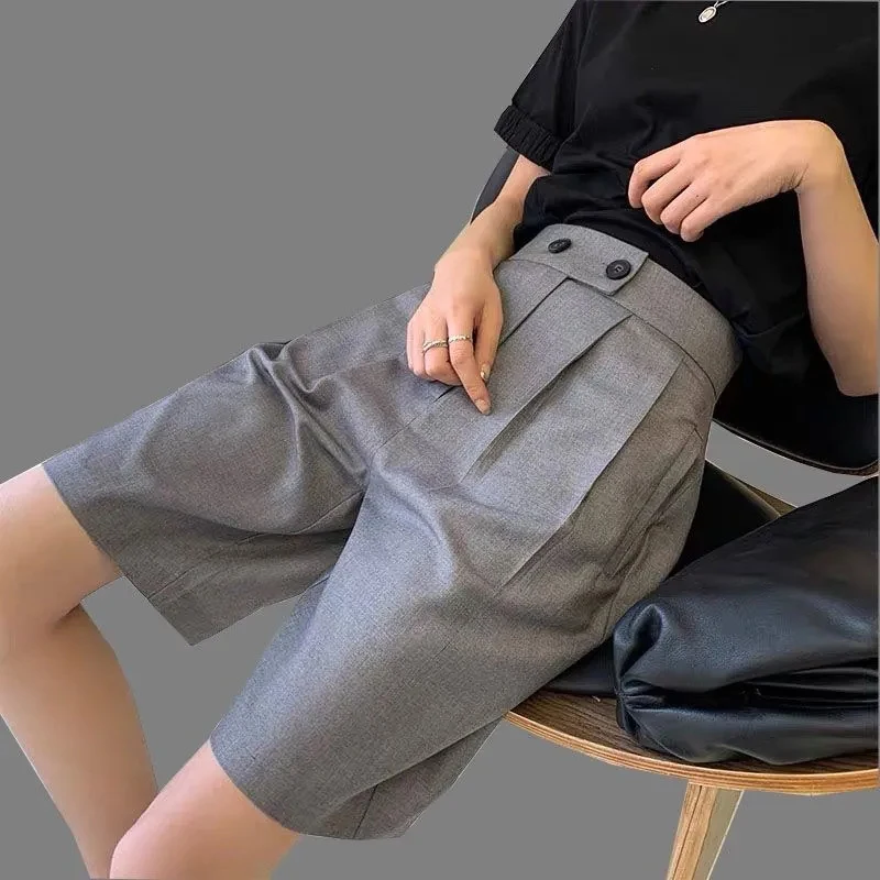 Korean Office Suits Shorts for Women Fashion Double-buttons High Waist Knee-length Pants Woman 2023 Summer Casual Short