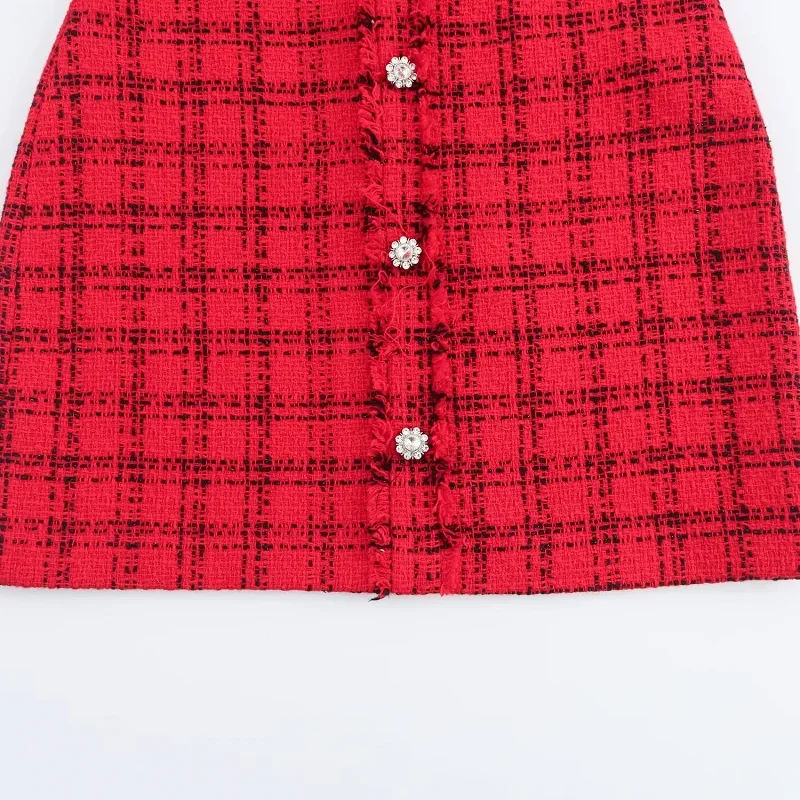 TRAF Women\'s Dresses Red Plaid Short Dresses 2024 Autumn Mini Rhinestone Button Up Long Sleeve Dresses Elegant Casual Dresses