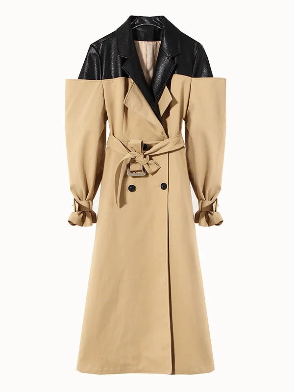 Autumn Winter Knee-Length Color Block PU Leather Windbreaker Women's Coat Slim Fit Cotton  Long Sleeve Double Breasted