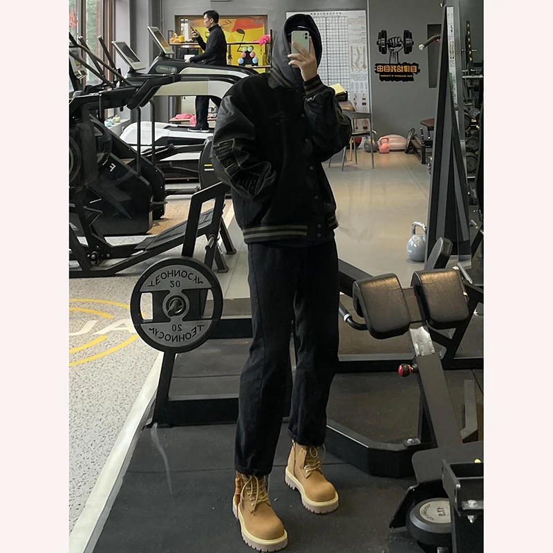 

Black Straight Leg Men's Jeans Casual American Retro Style Trousers for Boots High Waist Long Pants Youth Fashion