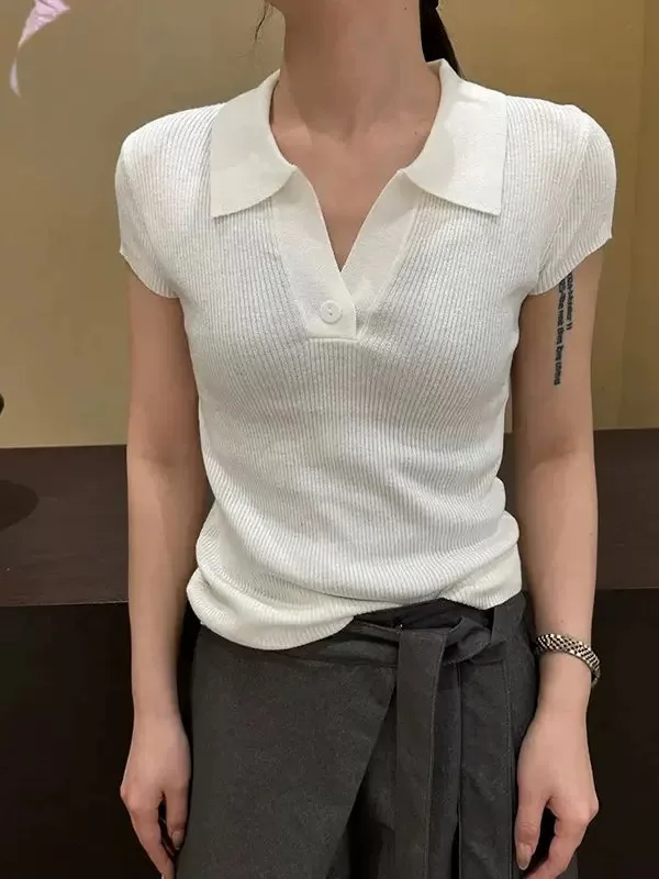 Old Money Style Grey Thin Knitted Short Sleeve Polo Shirt Women's Flying Sleeve Top