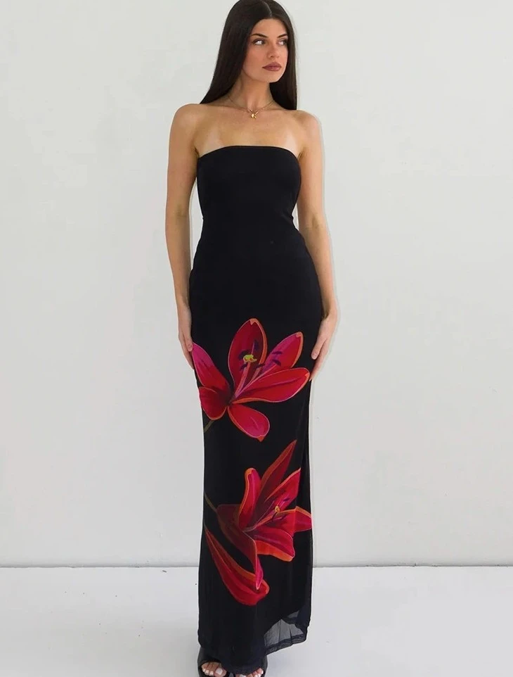 Sleeveless Flower Print Tube Bodycon Midi Dress Backless Lace Up Elegant Sexy Outfit  Autumn Winter