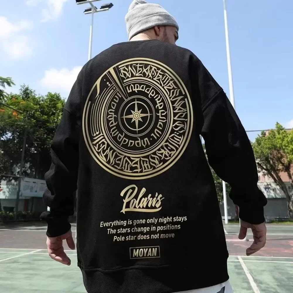 

Pop Men's Street Gold Star Print On The Back Oversized Unisex Sweatshirt American Velvet Round Neck Long Sleeve Sweater