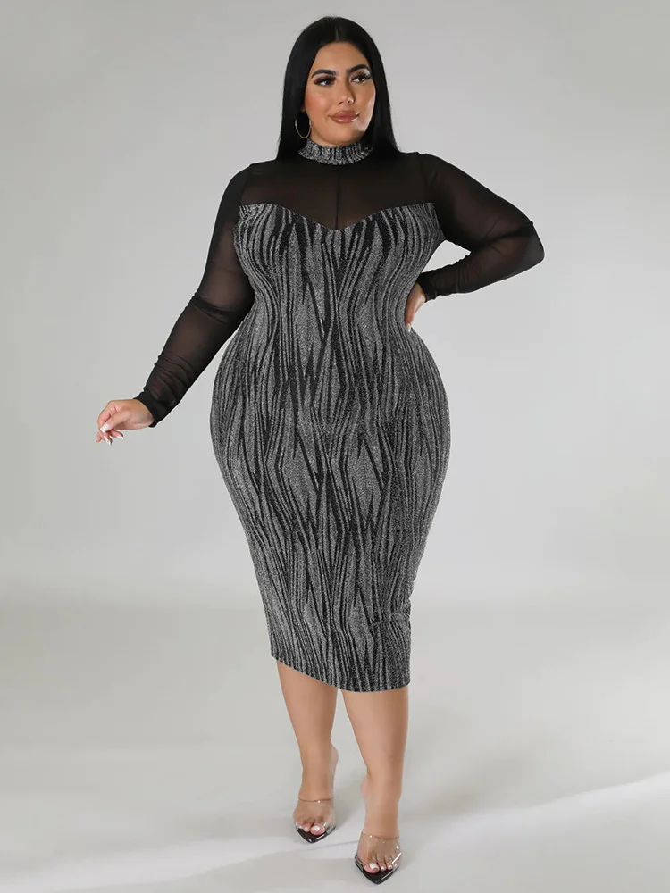 Wmstar Plus Size Dress Women Sexy See Through Mesh Patchwork Maxi Dress Fashion Sexy Club Outfits Wholesale Dropshipping 2022