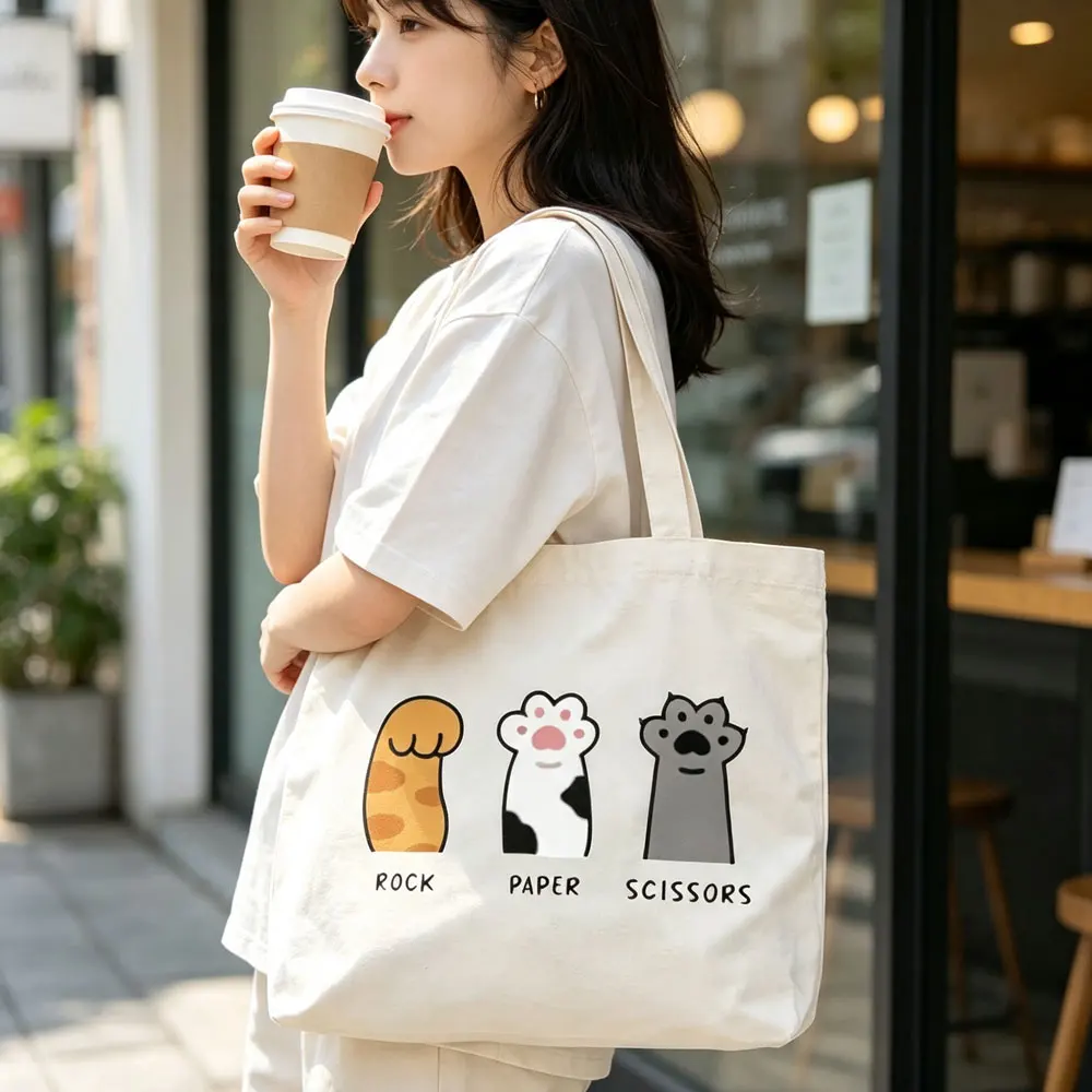 Ladies' Rock-Paper-Scissors Game Print Tote Bag - Light Beige Durable Machine-Washable Casual Outdoor Beach Shopping Bag with Fun Cartoon Design