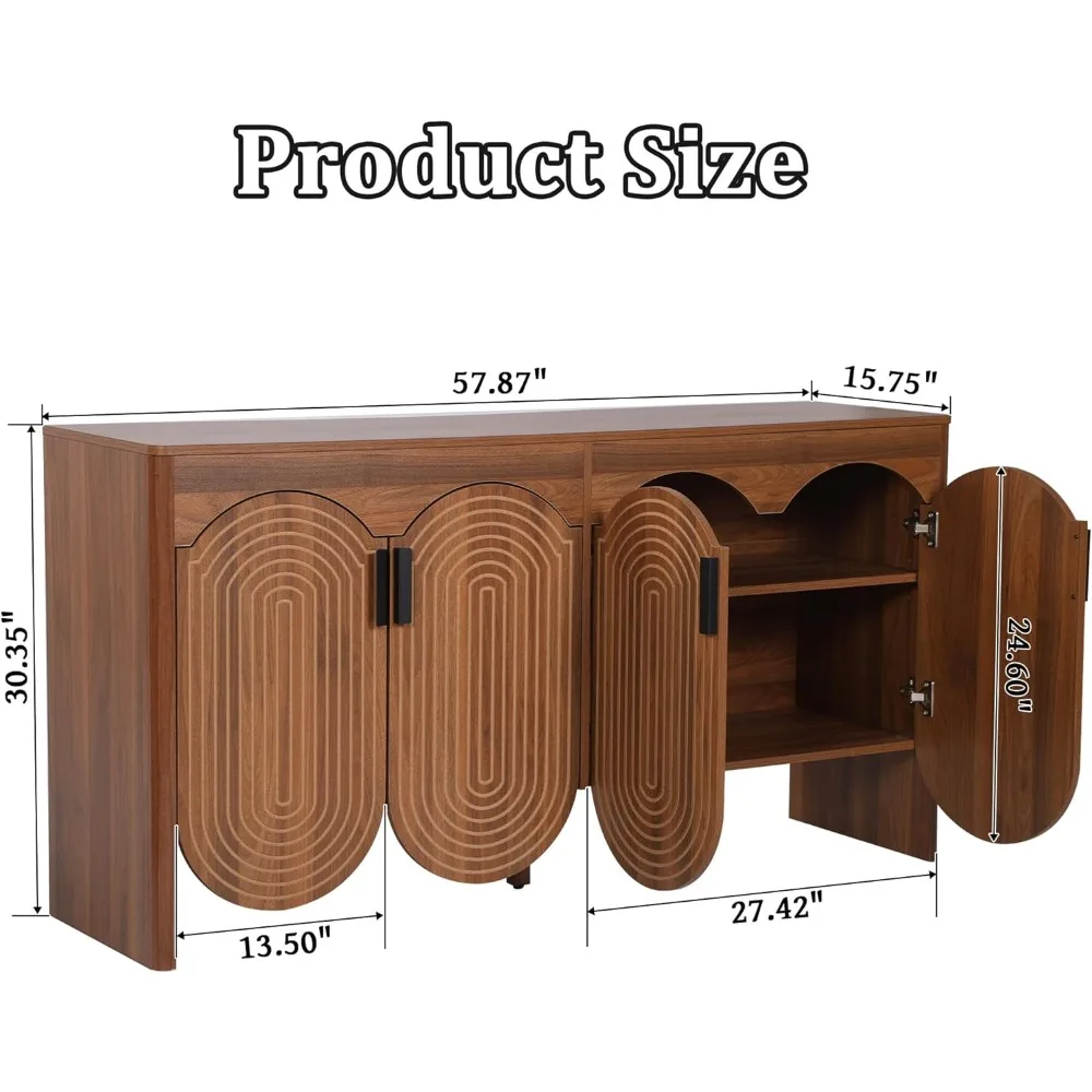 Sideboard with storage trough, arched 57.9-inch locker, adjustable shelf, circular edge design accent cabinet