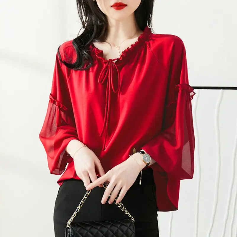 Women Ruffle Lace Up Elegant Chic Blouses Trendy Solid Loose Long Sleeve Shirts Simple Casual Streetwear Sweet Tops Female Ropa